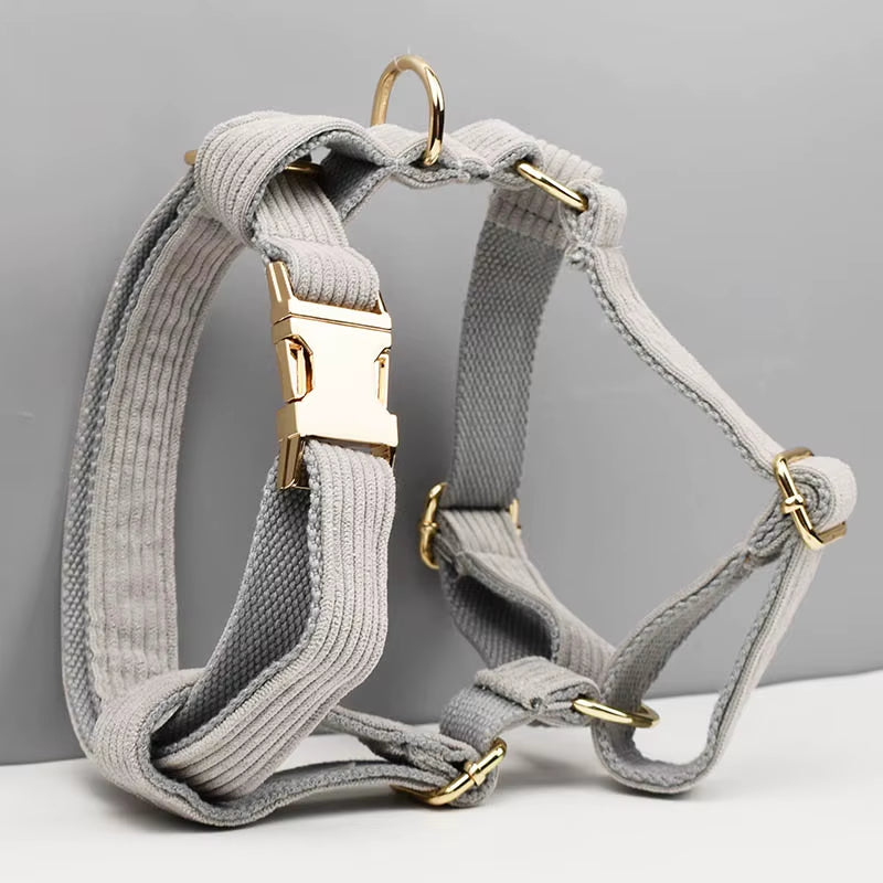 Light Grey Corduroy Dog Collar and Leash Set for Dogs Custom Engraved Nameplate Pet Supplies Dog Leash Corduroy06