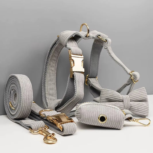 Light Grey Corduroy Dog Collar and Leash Set for Dogs Custom Engraved Nameplate Pet Supplies Dog Leash Corduroy06